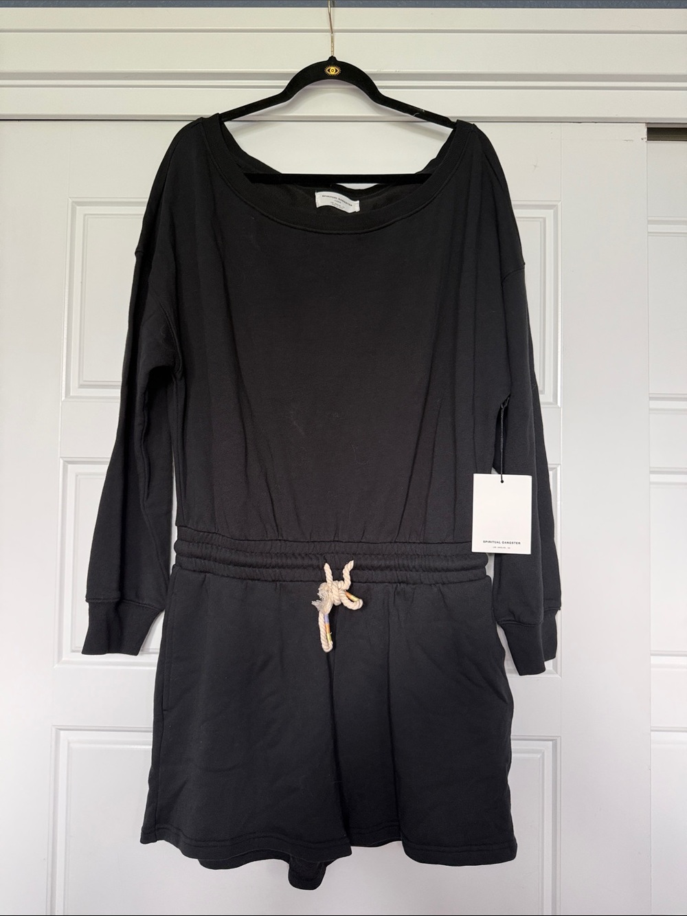 Spiritual Gangster Black Long-Sleeve Romper with Rope Drawstring